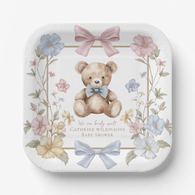 Pastel Floral Teddy Bear Baby Shower Plates (Front)