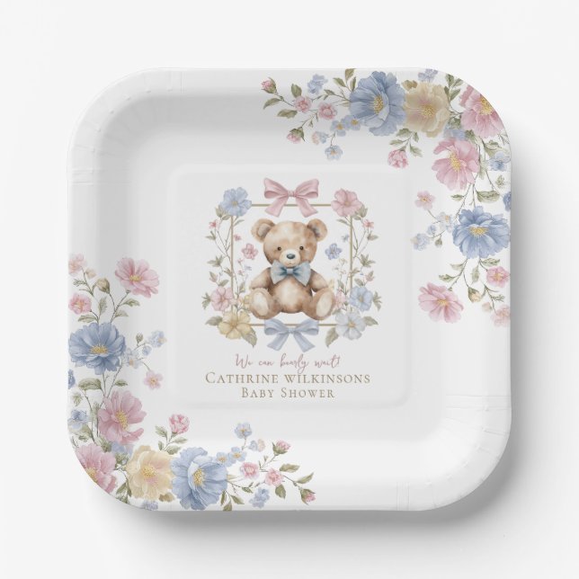 Pastel Floral Teddy Bear "We Can Bearly Wait" Show Paper Plate (Front)