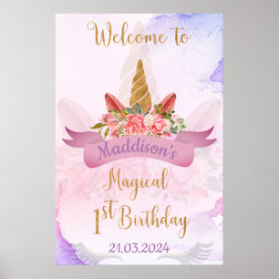 Pastel Floral Unicorn Birthday Party Welcome Poster