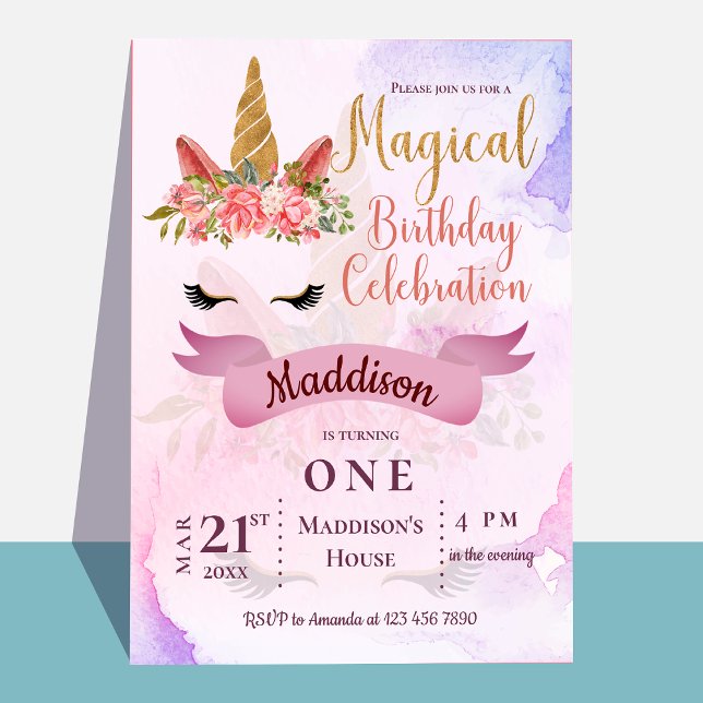 Pastel Floral Unicorn Kids First Birthday Party  Invitation Postcard (Pastel Floral Unicorn Kids First Birthday Party Invitation Postcard)