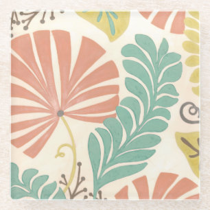 Pastel Floral Vines and Leaves on Cream Background Glass Coaster