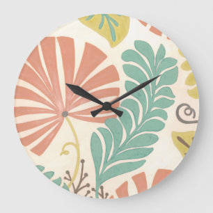Pastel Floral Vines and Leaves on Cream Background Large Clock