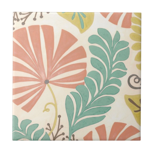 Pastel Floral Vines and Leaves on Cream Background Tile (Front)