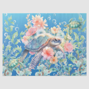 Pastel Floral Watercolor Sea Turtles Decoupage Tissue Paper