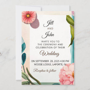 Pastel Floral Wedding Invitation Pink Teal Botanic