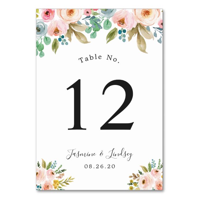 Pastel Floral Wedding Table Number (Front)