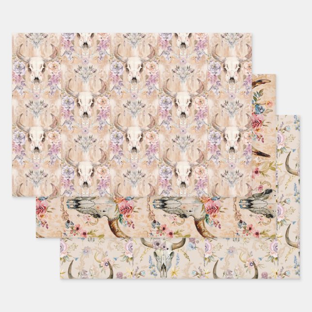 Pastel Floral Western Cow Skull  Wrapping Paper Sheet (Set)