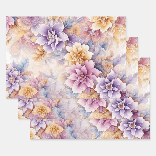 Pastel Floral Wrapping Paper Set – Elegant 3-Sheet (Set)