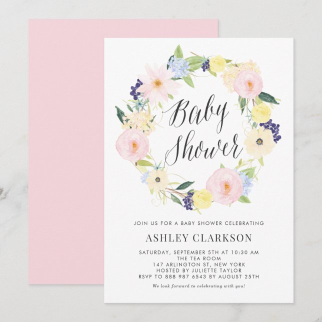 Pastel Floral Wreath Baby Shower Invitation (Front/Back)