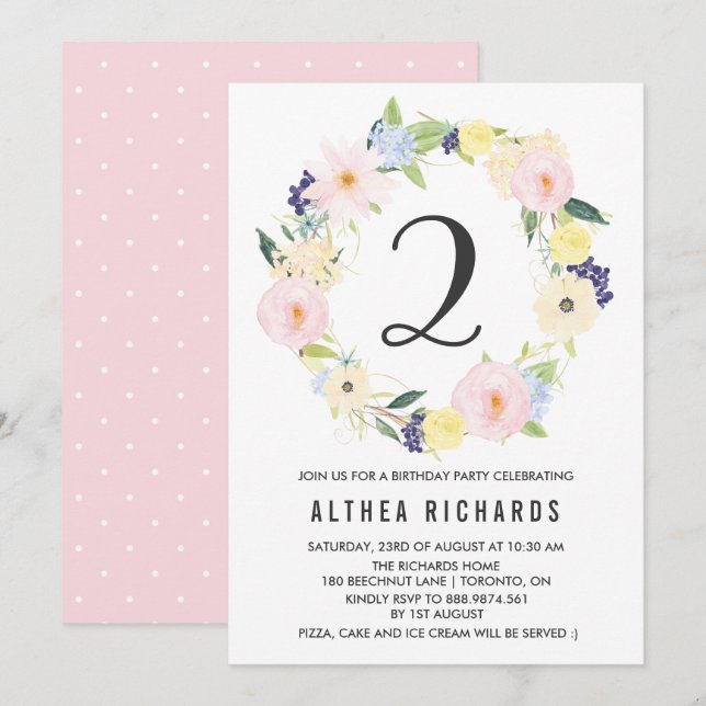 Pastel Floral Wreath Kids Birthday Party Spring Invitation (Front/Back)