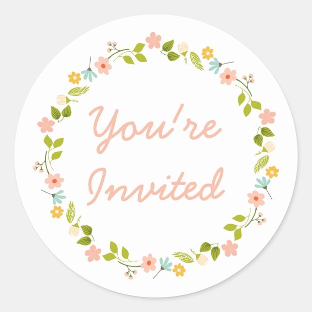 Pastel Floral wreath YOU'RE INVITED Classic Round Sticker (Front)