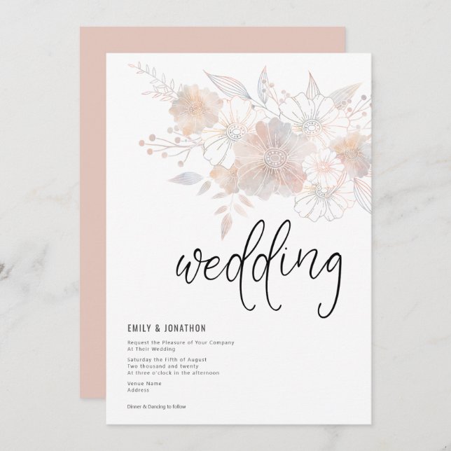 Pastel Florals Blush Peach Grey Wedding Invitation (Front/Back)