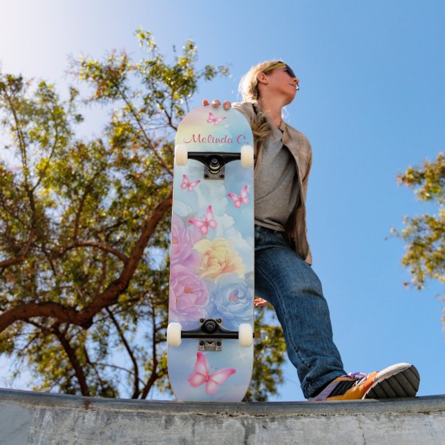 Pastel Florals & Pink Butterflies Rainbow Clouds Skateboard (Outdoor 1)
