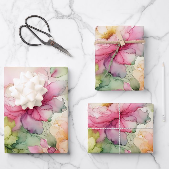 Pastel Flower Alcohol Ink Illustration Large Print Wrapping Paper Sheet (Front)