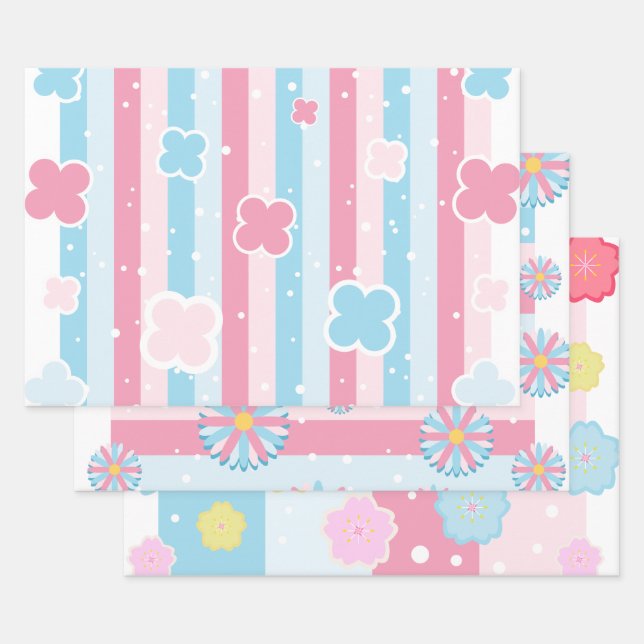 Pastel Flower Blossom Stripes Sakura Theme Wrapping Paper Sheet (Set)