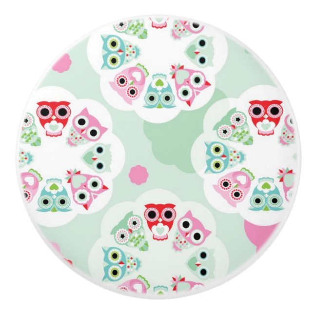 pastel flower owl background pattern ceramic knob (Front)