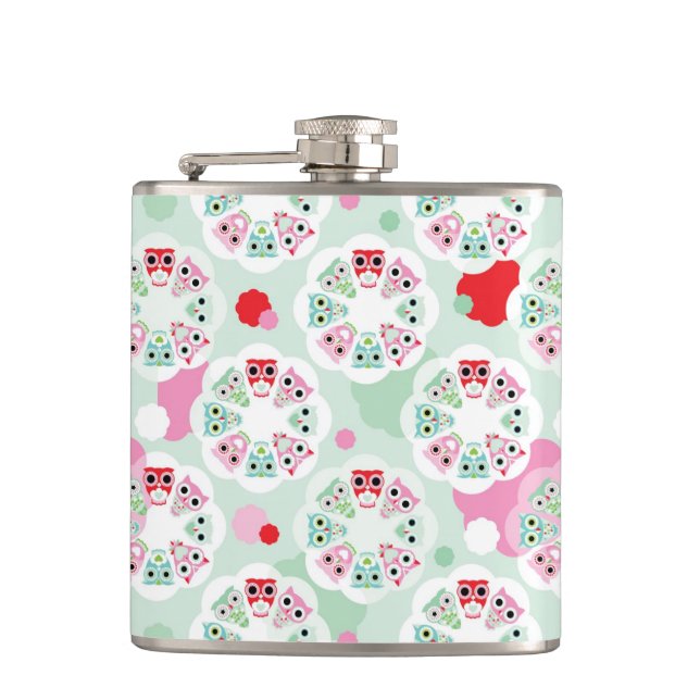 pastel flower owl background pattern hip flask (Front)
