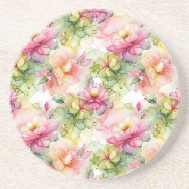 Pastel Flowers Alcohol Ink Illustration  Coaster (Front)
