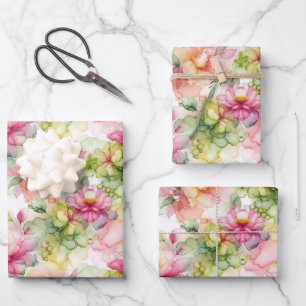 Pastel Flowers Alcohol Ink Illustration Med Print Wrapping Paper Sheet