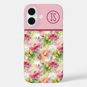 Pastel Flowers Alcohol Ink Illustration Monogram iPhone 16 Case