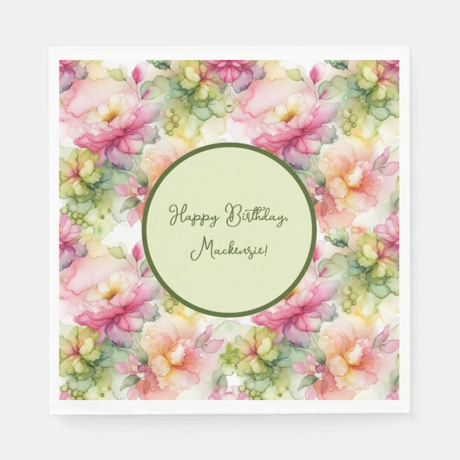 Pastel Flowers Alcohol Ink Illustration  Napkin (Front)