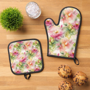 Pastel Flowers Alcohol Ink Illustration  Oven Mitt & Pot Holder Set