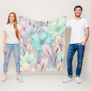 Pastel Flowers and Leaves on Purple Background Fleece Blanket