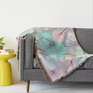 Pastel Flowers and Leaves on Purple Background Throw Blanket