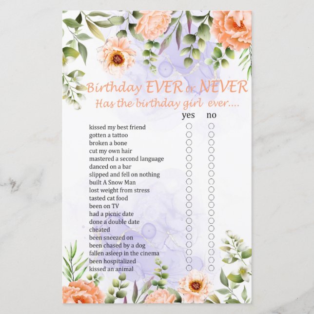 Pastel Flowers Birthday Ever or Never Game (Front)