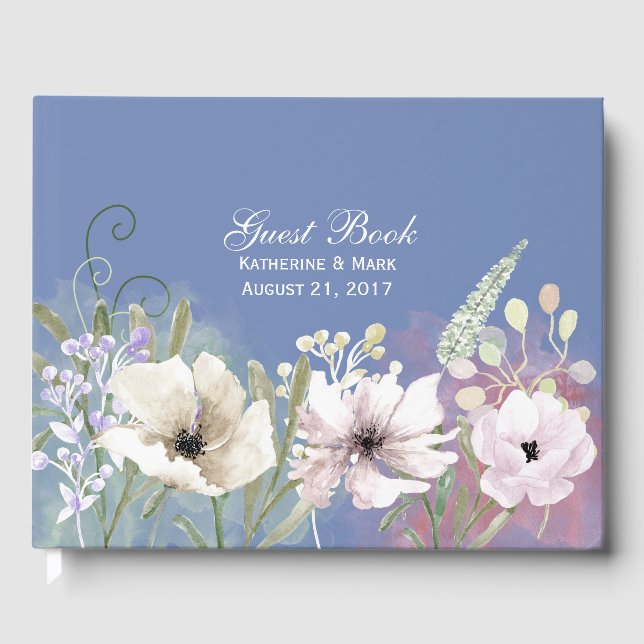 Pastel Flowers Blue Wedding Guest Book (Front)