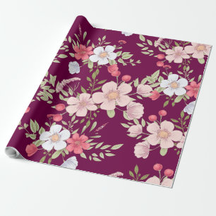 Pastel Flowers Floral Print on Elegant Burgundy Wrapping Paper