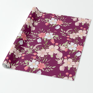 Pastel Flowers Floral Print on Elegant Burgundy Wrapping Paper
