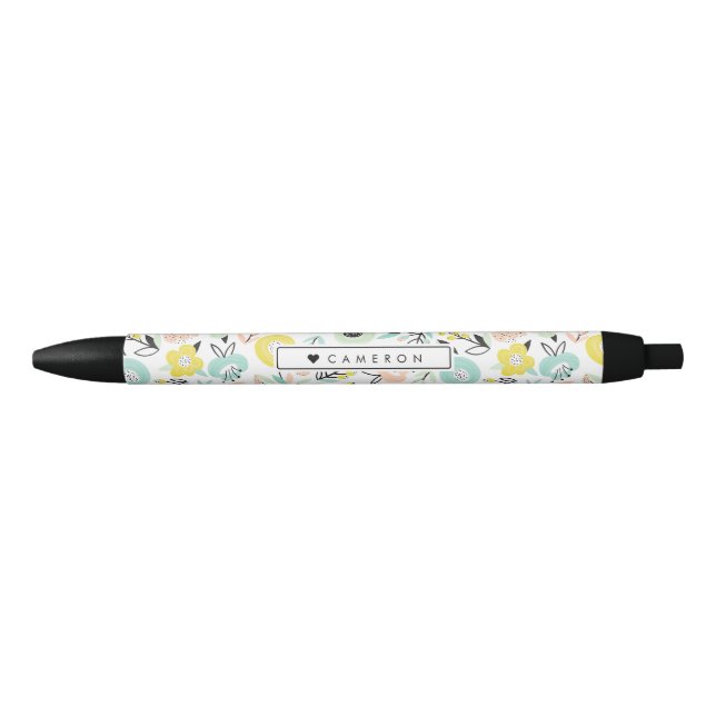Pastel Flowers in Bloom Pattern Personalized Black Ink Pen (Front)