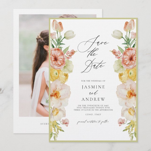  Pastel Flowers in Blush and Peach Save The Date Invitation (Front/Back)