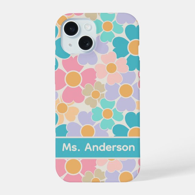Pastel Flowers Personalized iPhone 15 Case (Back)