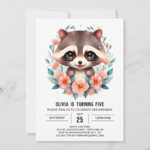  Pastel Flowers Raccoon Girl Birthday Invitation