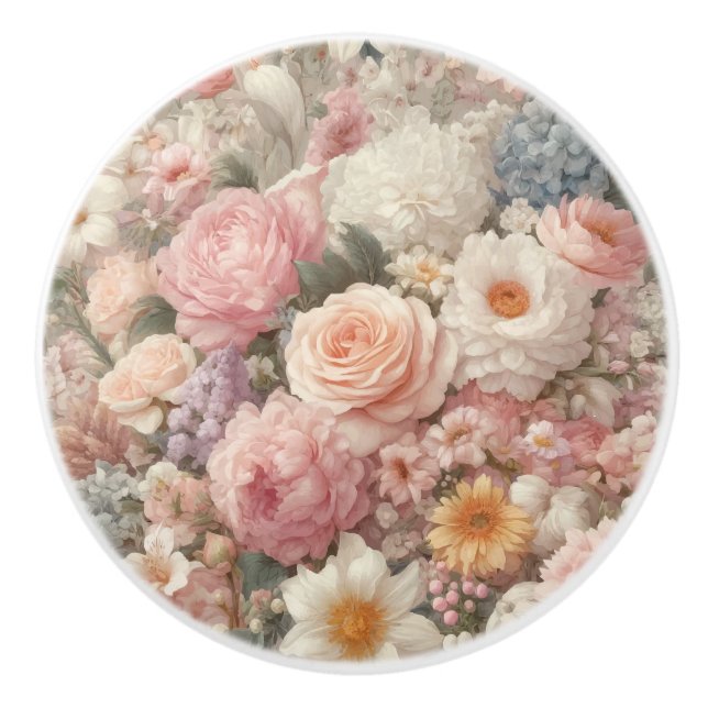 Pastel Flowers Shabby Chic Rose Floral Pattern Ceramic Knob (Front)