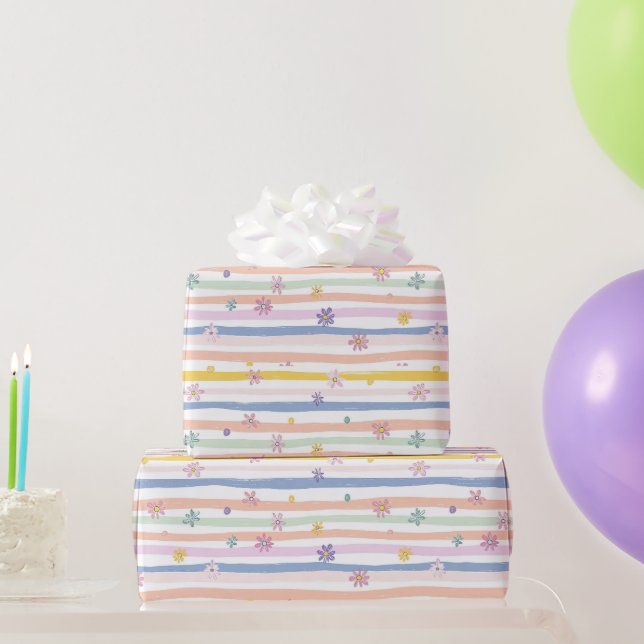 Pastel Flowers Stripes Bridal Baby Shower Girls Wrapping Paper (Party Gifts)