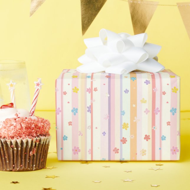 Pastel Flowers Stripes Bridal Baby Shower Girls Wrapping Paper (Birthday Party)