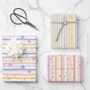 Pastel Flowers Stripes Bridal Baby Shower Girls Wrapping Paper Sheet