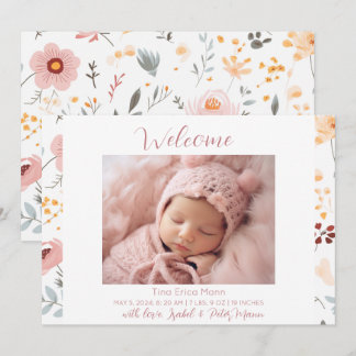 Pastel Flowers Welcome Baby Girl Birth  Announcement