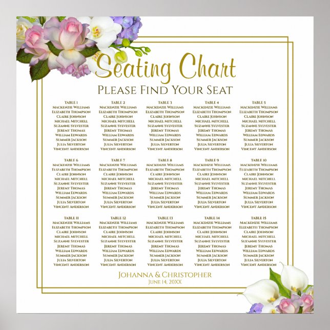 Pastel Flowersl 15 Table Wedding Seating Chart (Front)