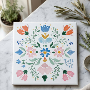 Pastel Folk Art Floral Decorative Ceramic Tile