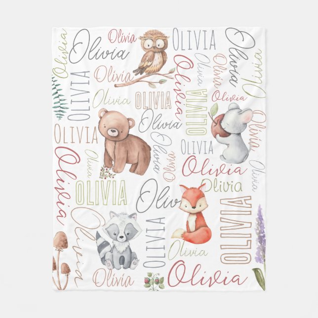 Pastel forest animals personalized name collage   fleece blanket (Front)