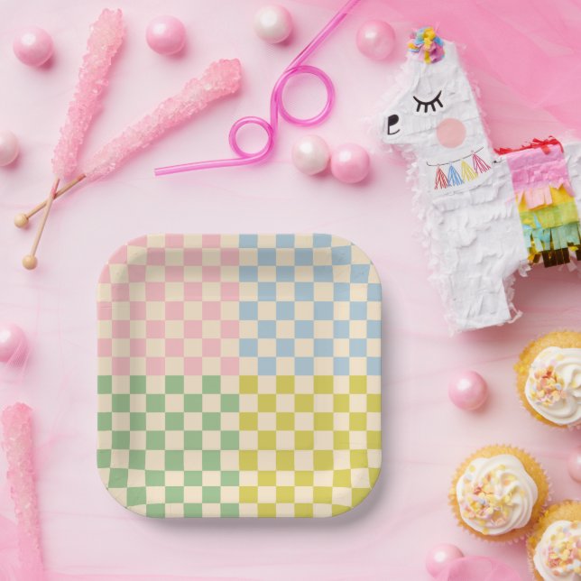 Pastel Four Check Chequered Pattern Paper Plate (Party)