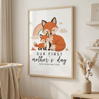 Pastel Fox Mom Baby First Mother’s Day Nursery Poster