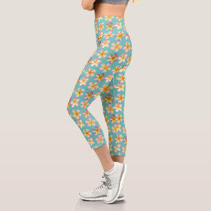 Pastel Frangipani Plumeria Flowers on Teal Capri Leggings