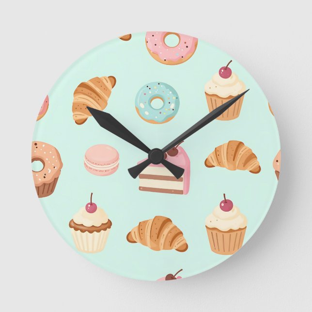 Pastel French Pastries Cute Dessert Pattern Round Clock (Front)