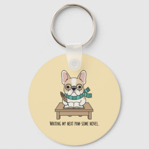 Pastel Frenchie Writing Novel Glasses Dog Design Keychain