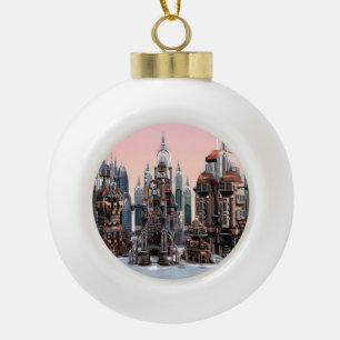 Pastel Futuristic City Fantasy Skyline Art Ceramic Ball Christmas Ornament